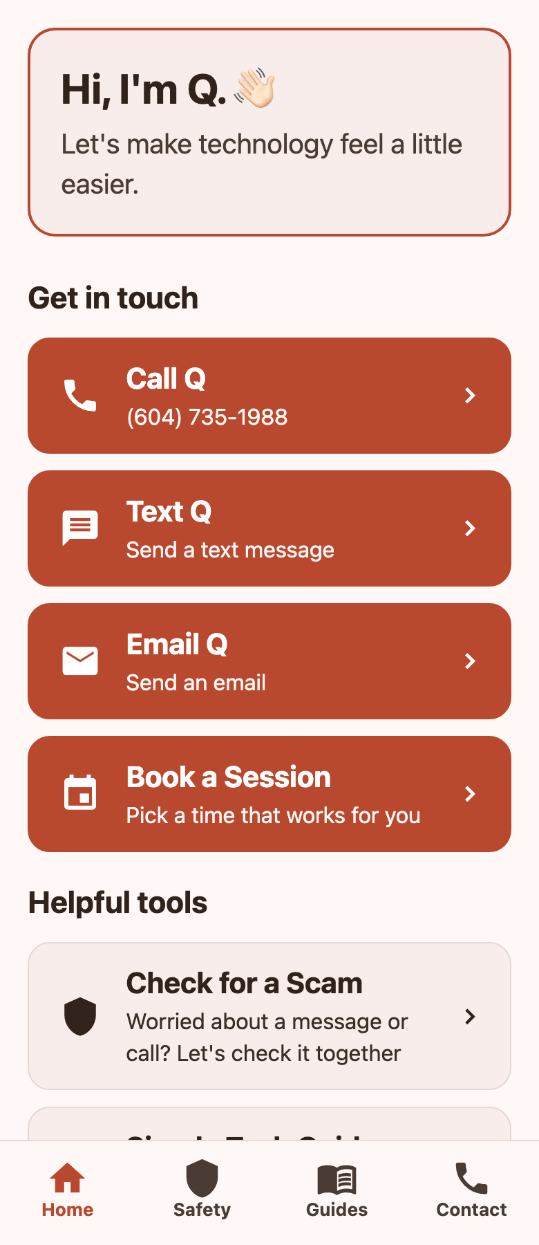 The Tech Help with Q Companion app open on a phone, showing a warm welcome from Q and large, easy-to-tap buttons for checking scams, reading simple guides, and contacting Q.